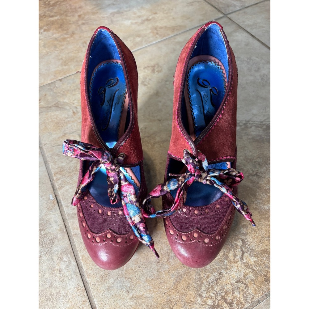 Poetic Licence Burgundy Brogue Heels Floral Ribbon Wingtip Sz 7.5/8 EU38
